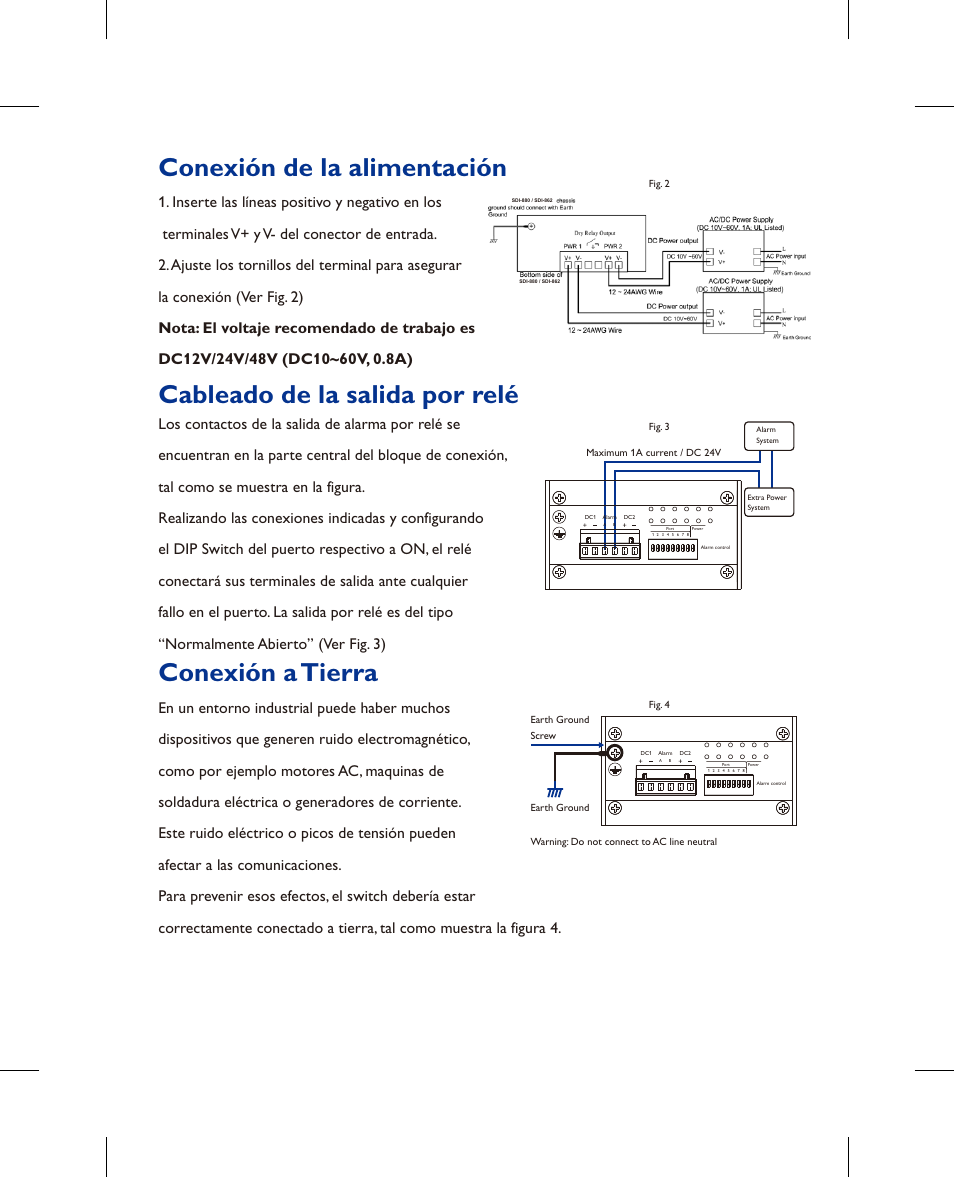 Conexión de la alimentación, Conexión a tierra, Cableado de la salida por relé | Westermo SDI-8xx User Manual | Page 12 / 16