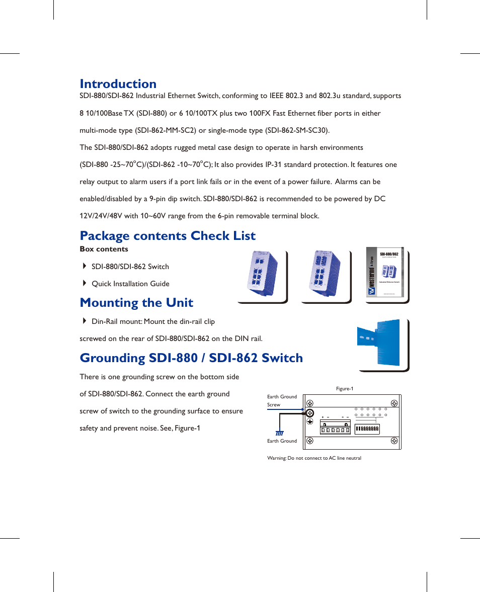 Introduction, Mounting the unit, Package contents check list | Westermo SDI-8xx User Manual | Page 2 / 16