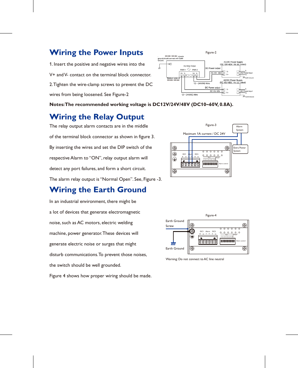 Wiring the power inputs, Wiring the earth ground, Wiring the relay output | Westermo SDI-8xx User Manual | Page 3 / 16
