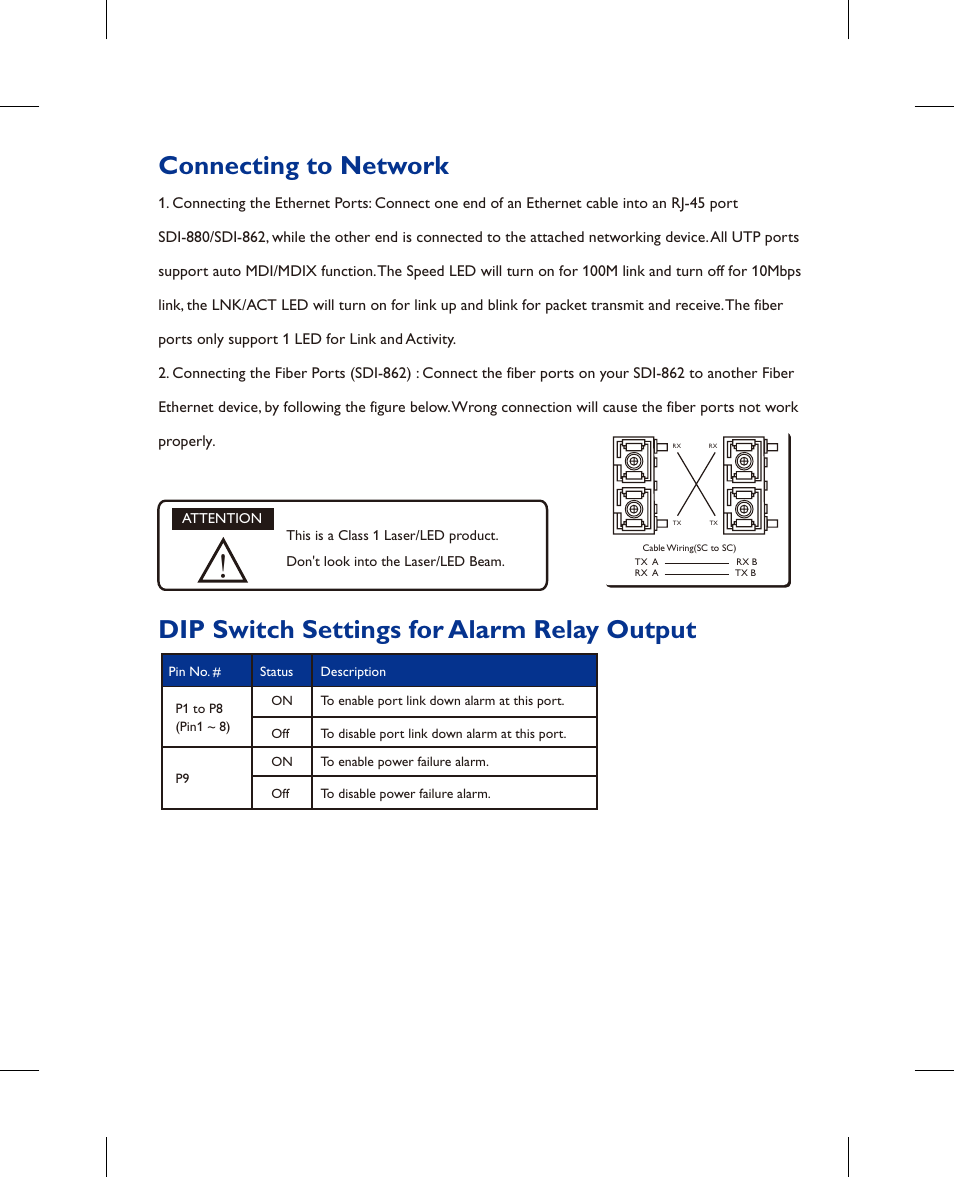 Connecting to network, Dip switch settings for alarm relay output | Westermo SDI-8xx User Manual | Page 4 / 16