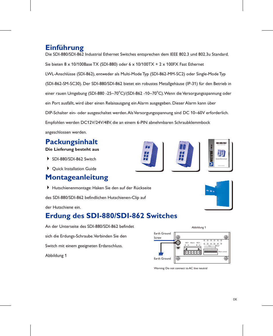 Einführung, Montageanleitung, Packungsinhalt | Westermo SDI-8xx User Manual | Page 5 / 16