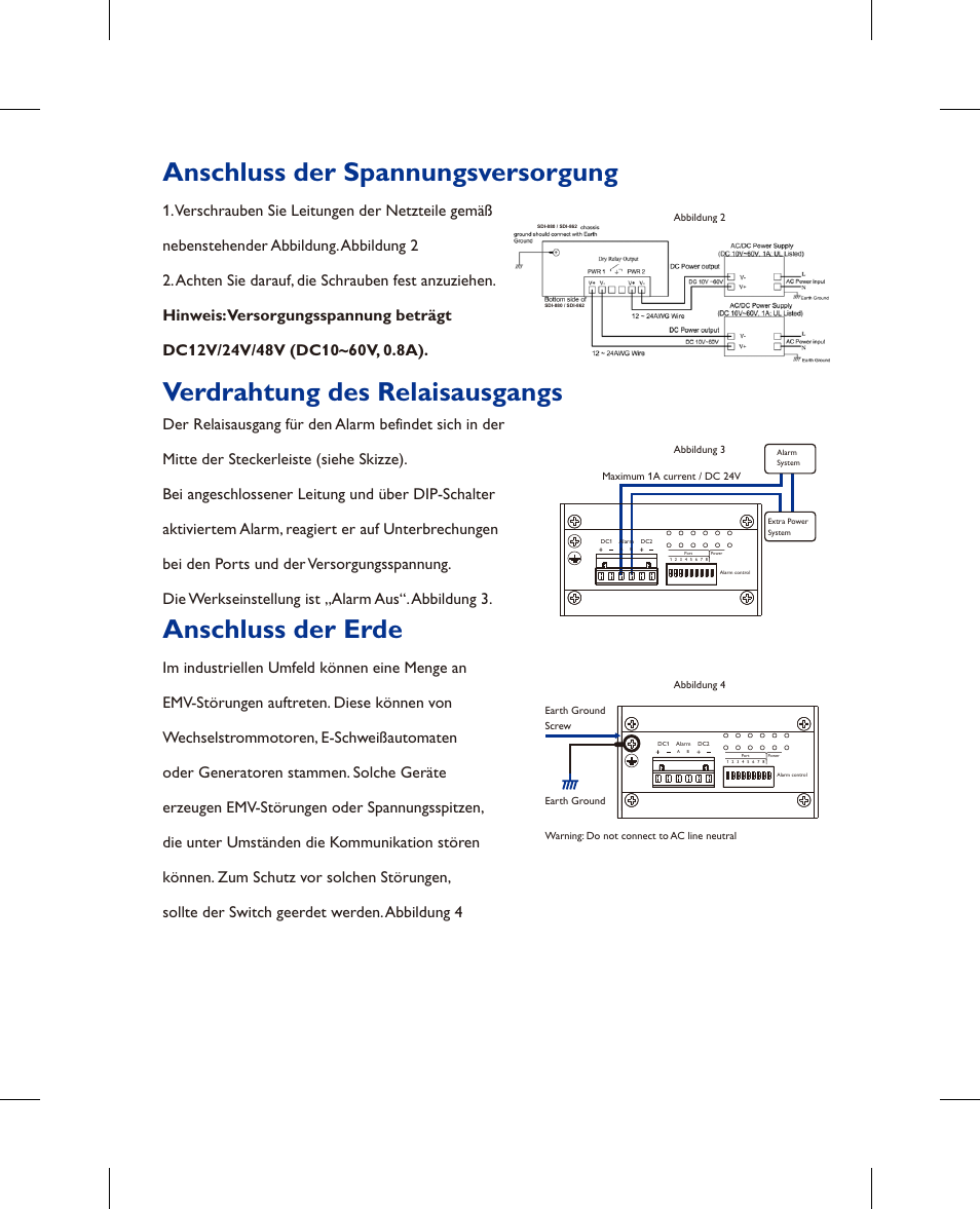 Anschluss der spannungsversorgung, Anschluss der erde, Verdrahtung des relaisausgangs | Westermo SDI-8xx User Manual | Page 6 / 16