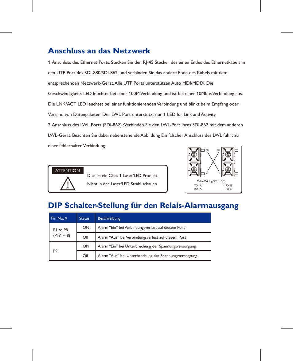 Anschluss an das netzwerk, Dip schalter-stellung für den relais-alarmausgang | Westermo SDI-8xx User Manual | Page 7 / 16