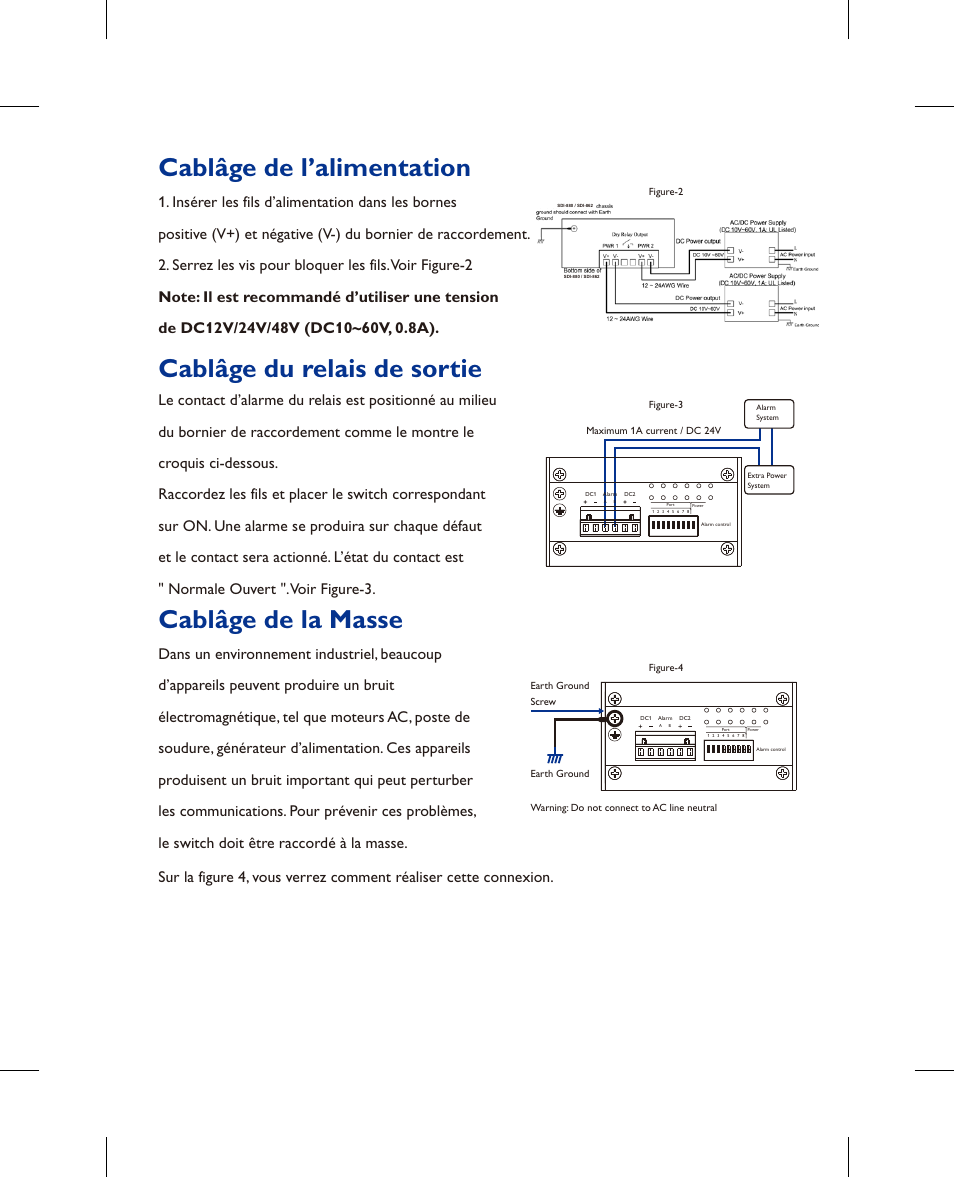 Cablâge de l’alimentation, Cablâge de la masse, Cablâge du relais de sortie | Westermo SDI-8xx User Manual | Page 9 / 16