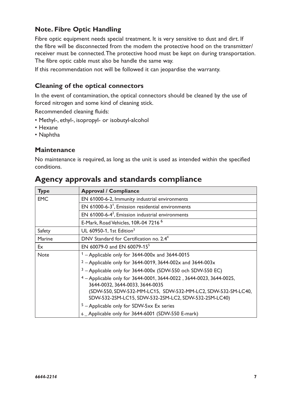 Agency approvals and standards compliance, Cleaning of the optical connectors, Maintenance | Westermo SDW-5xx User Manual | Page 7 / 24