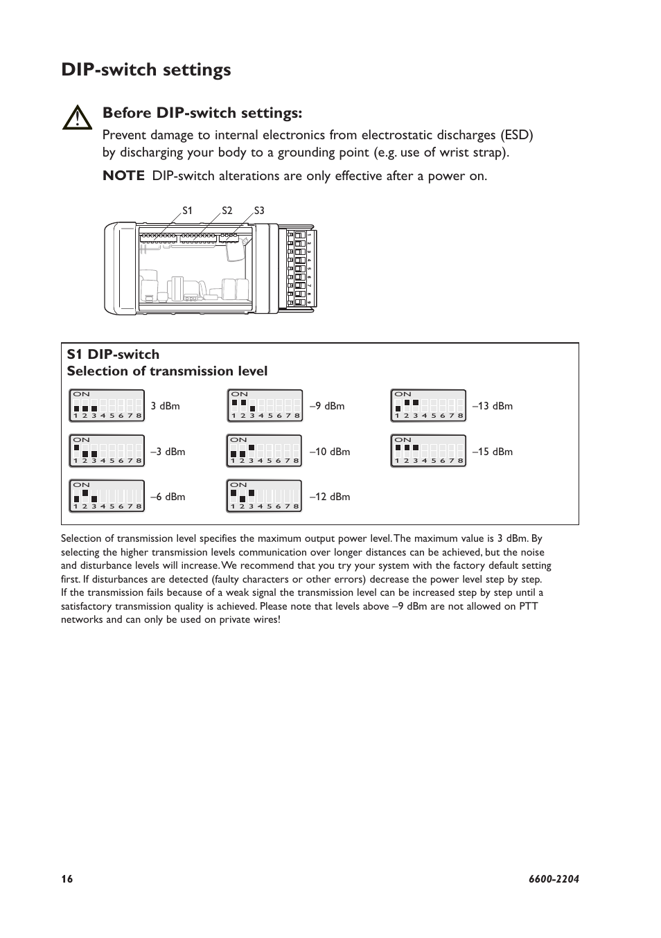 Dip-switch settings, Before dip-switch settings, S1 dip-switch selection of transmission level | Westermo TD-23 User Manual | Page 16 / 24