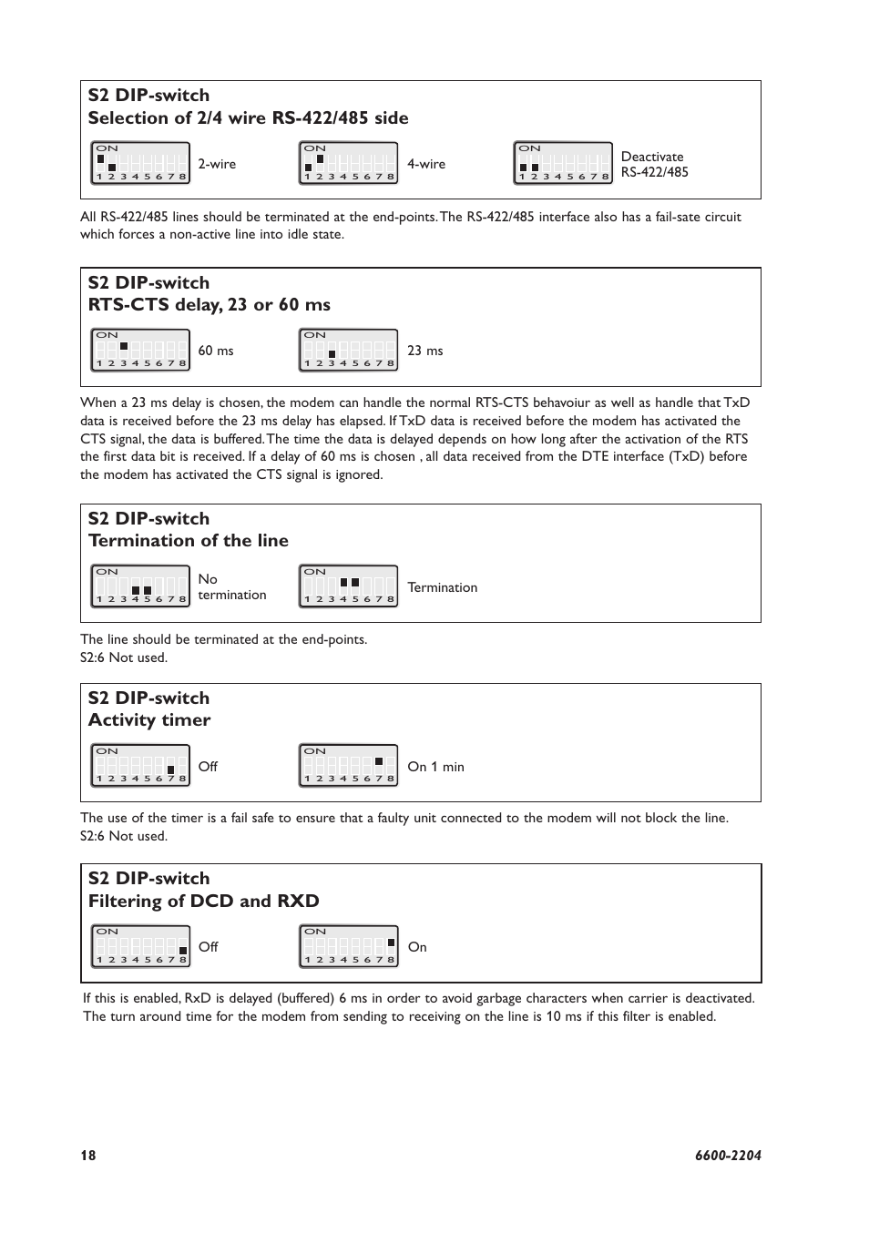 S2 dip-switch termination of the line, S2 dip-switch activity timer, S2 dip-switch filtering of dcd and rxd | Westermo TD-23 User Manual | Page 18 / 24