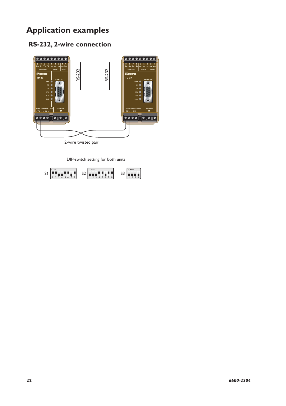 Application examples, Rs-232, 2-wire connection | Westermo TD-23 User Manual | Page 22 / 24