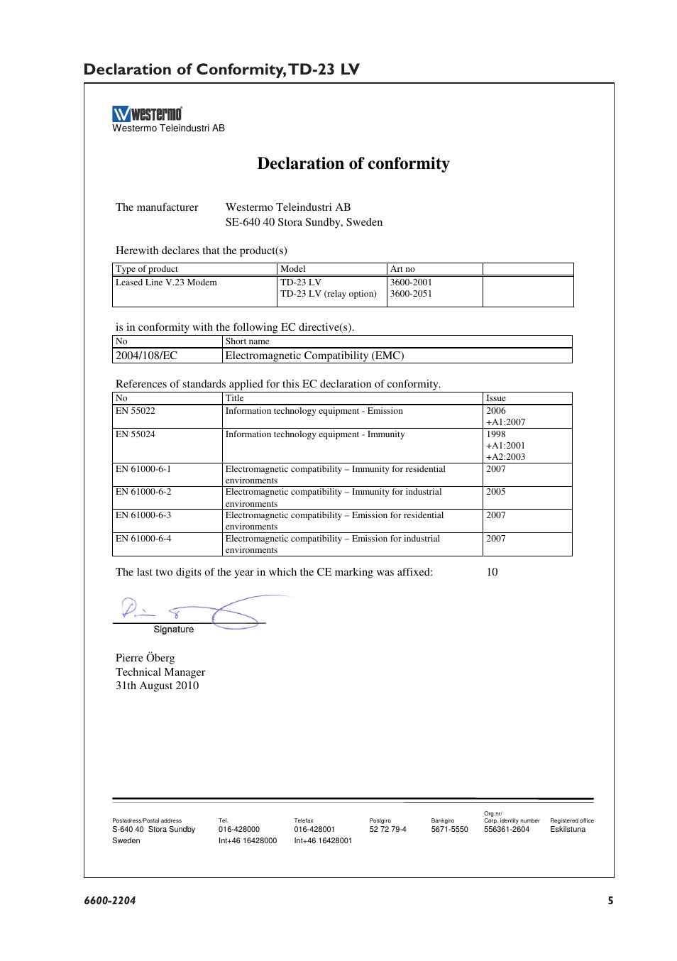 Declaration of conformity, Declaration of conformity, td-23 lv | Westermo TD-23 User Manual | Page 5 / 24