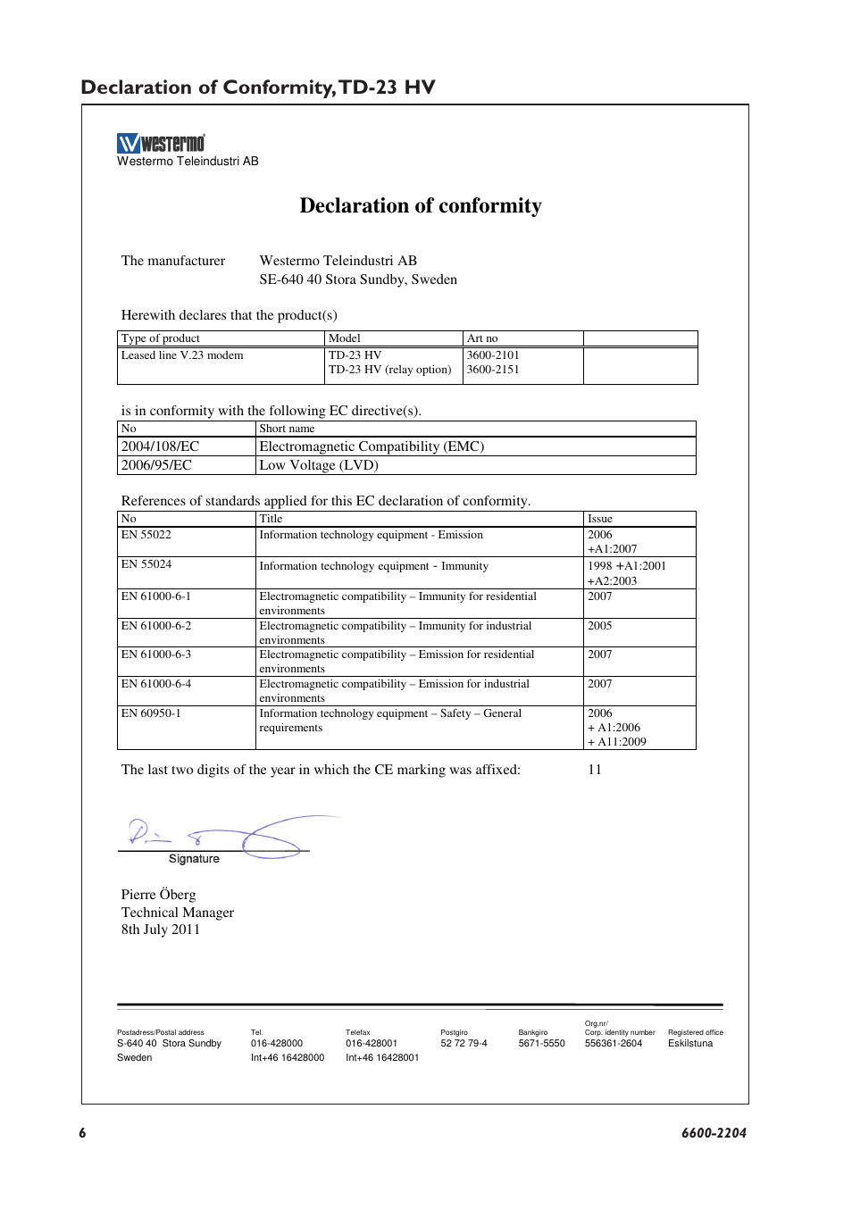 Declaration of conformity, Declaration of conformity, td-23 hv | Westermo TD-23 User Manual | Page 6 / 24