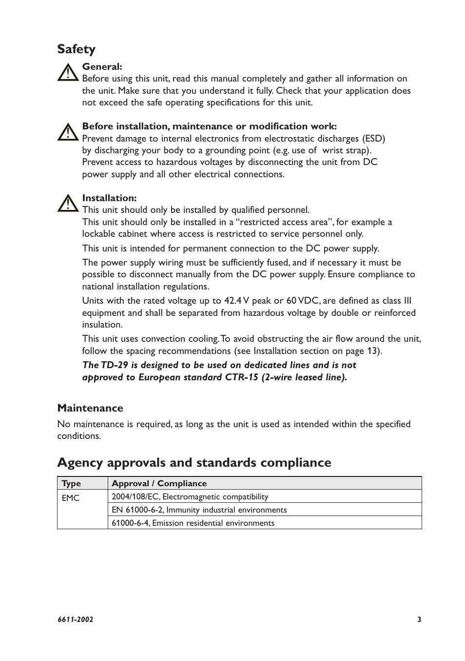 Safety, Agency approvals and standards compliance | Westermo TD-29 User Manual | Page 3 / 16