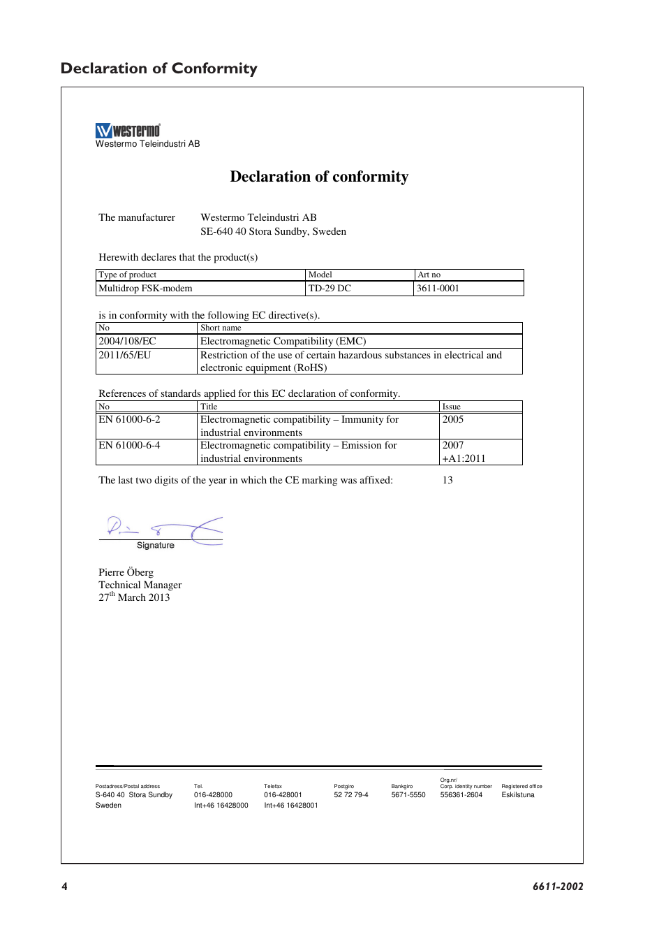 Declaration of conformity | Westermo TD-29 User Manual | Page 4 / 16