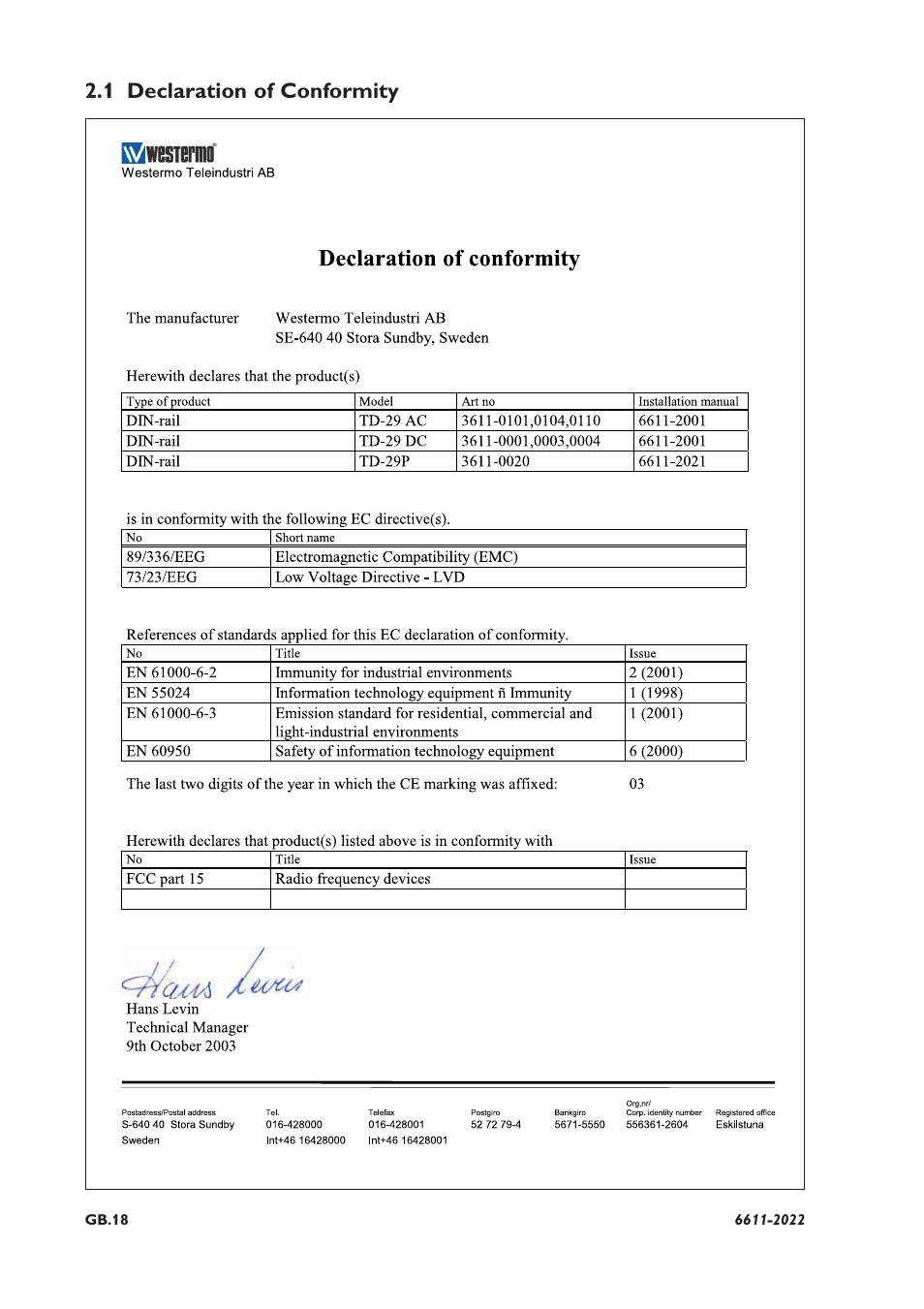1 declaration of conformity | Westermo TD-29P User Manual | Page 4 / 16