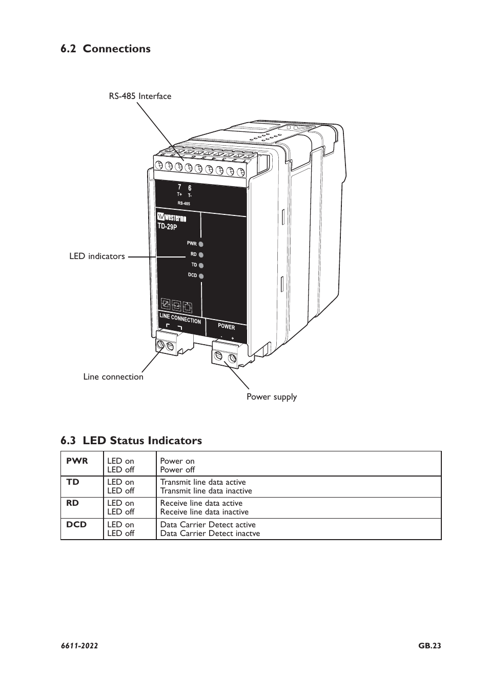 3 led status indicators, 2 connections | Westermo TD-29P User Manual | Page 9 / 16