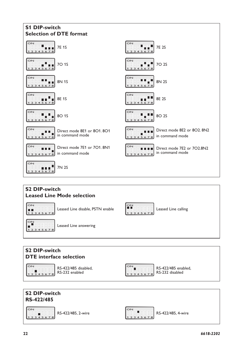 S1 dip-switch selection of dte format, S2 dip-switch leased line mode selection, S2 dip-switch dte interface selection | Westermo TD-36 User Manual | Page 22 / 44