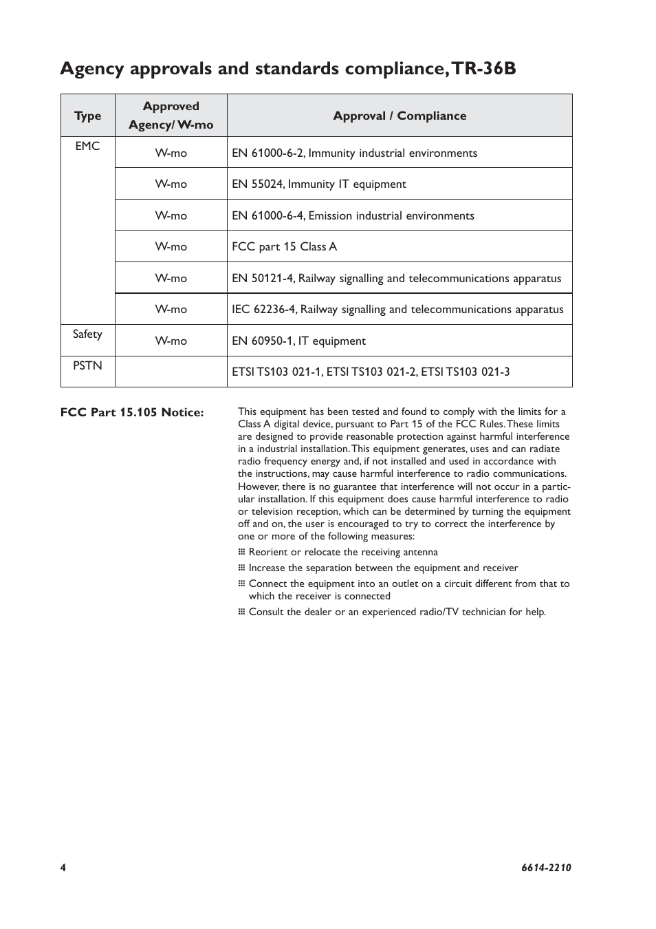 Agency approvals and standards compliance, tr-36b | Westermo TR-36B User Manual | Page 4 / 20
