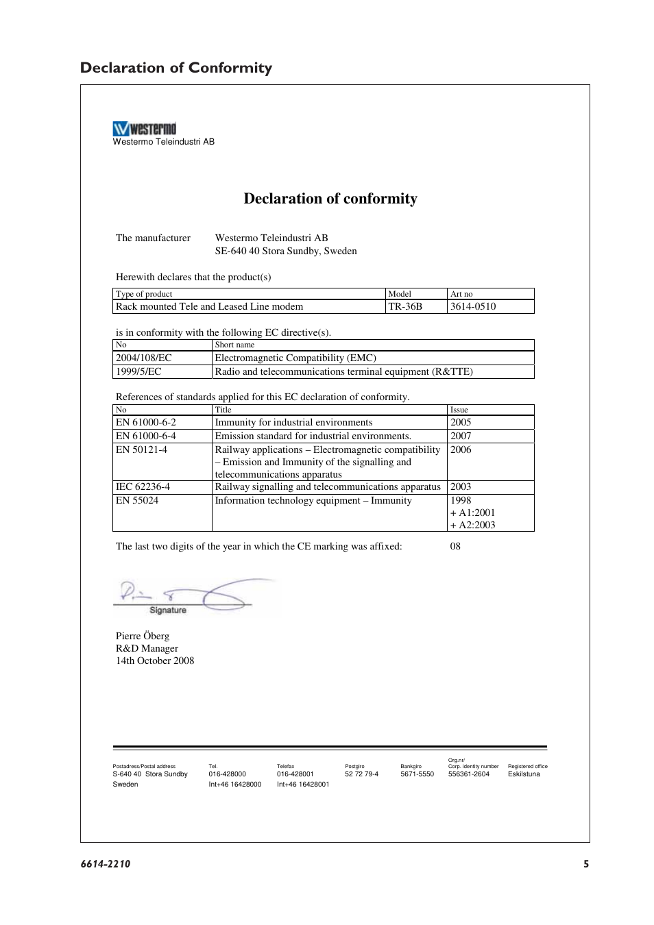 Declaration of conformity | Westermo TR-36B User Manual | Page 5 / 20