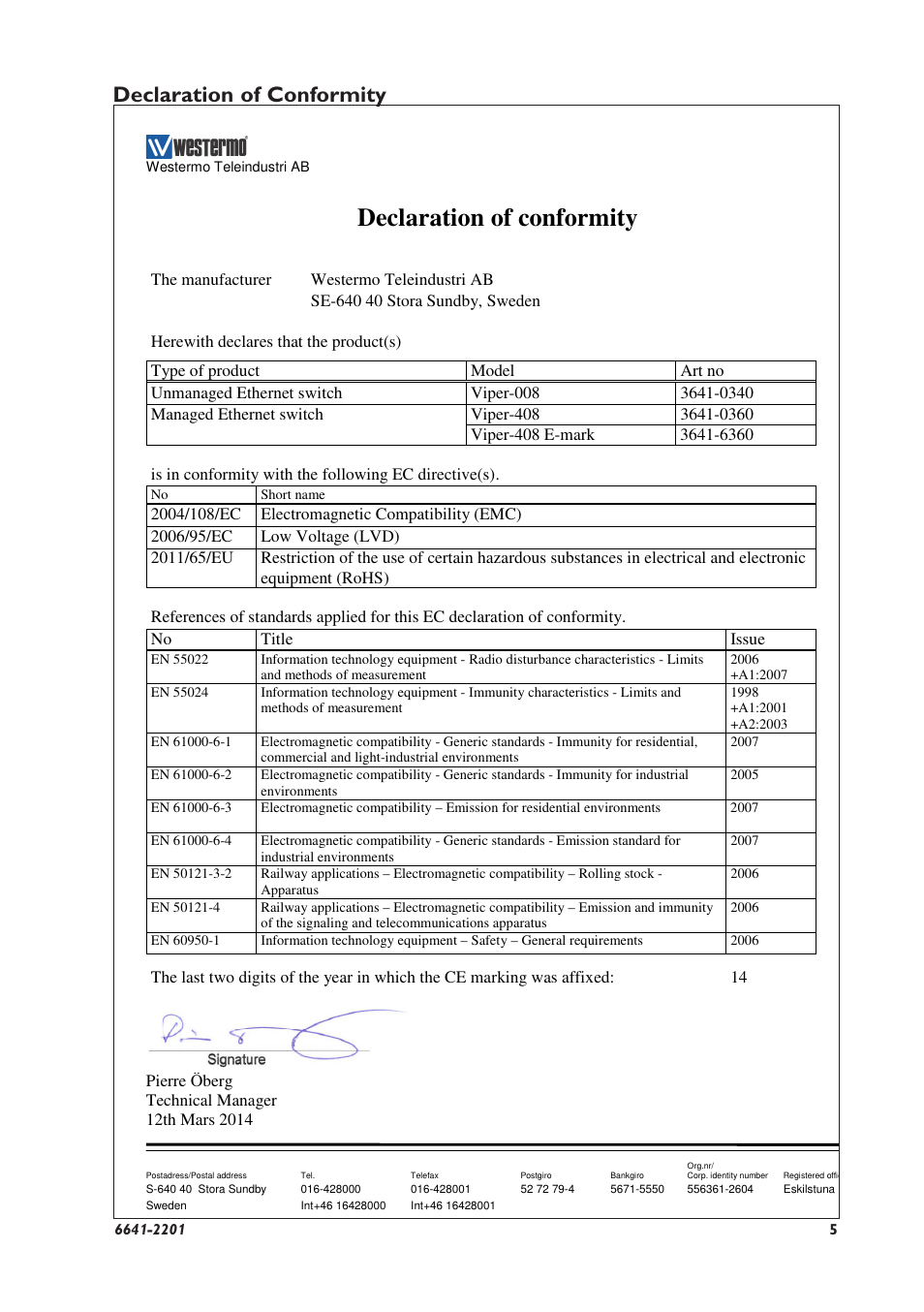 Declaration of conformity | Westermo Viper 408 User Manual | Page 5 / 20