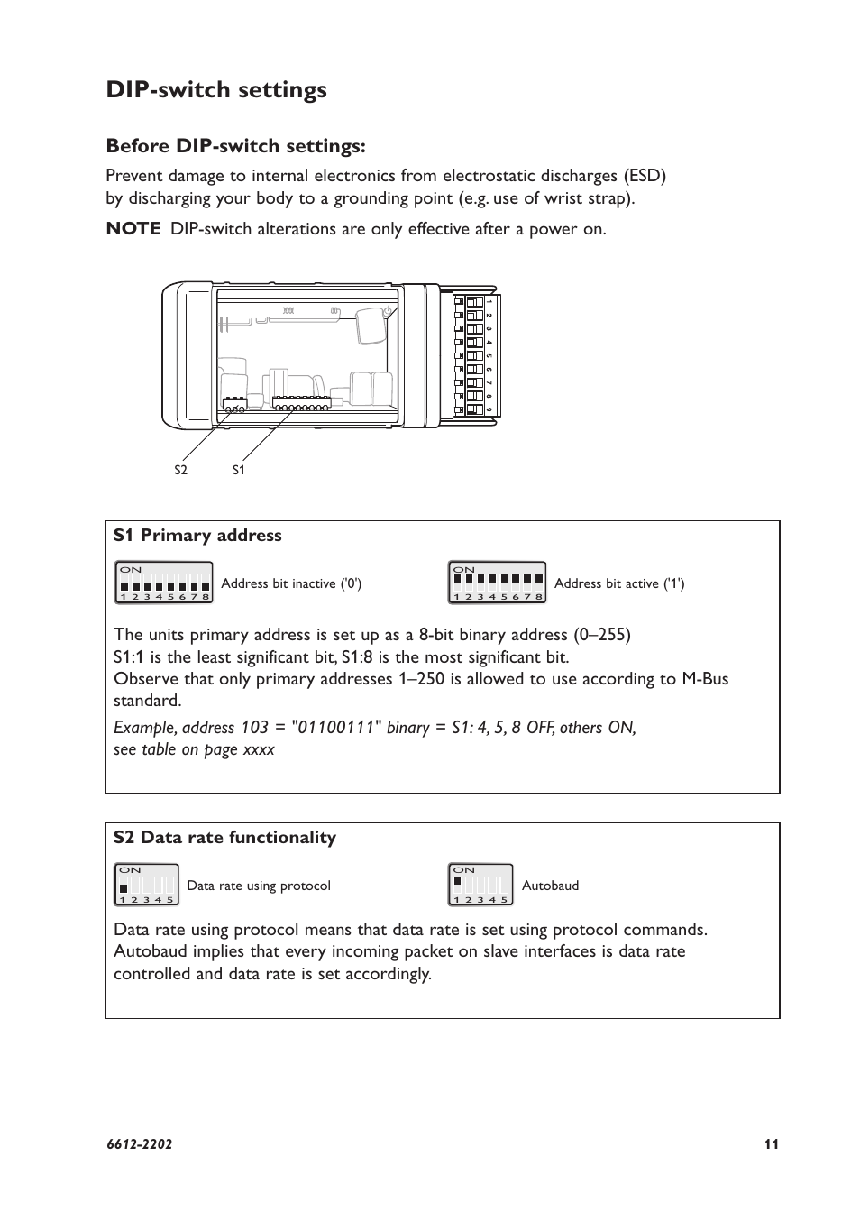 Dip-switch settings, Before dip-switch settings, S1 primary address s2 data rate functionality | Westermo AD-01 User Manual | Page 11 / 24