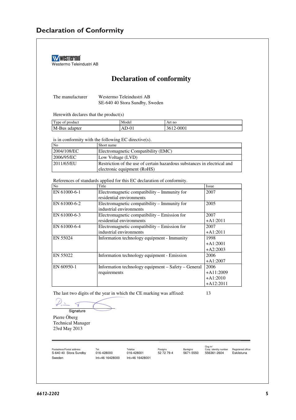 Declaration of conformity | Westermo AD-01 User Manual | Page 5 / 24