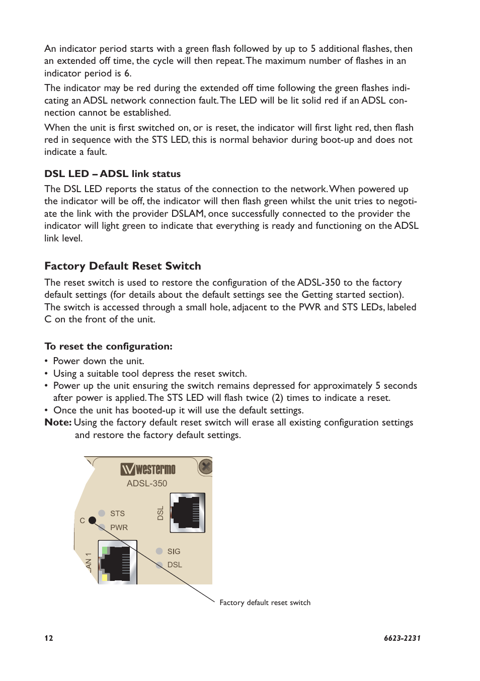 Factory default reset switch | Westermo ADSL-350 User Manual | Page 12 / 28