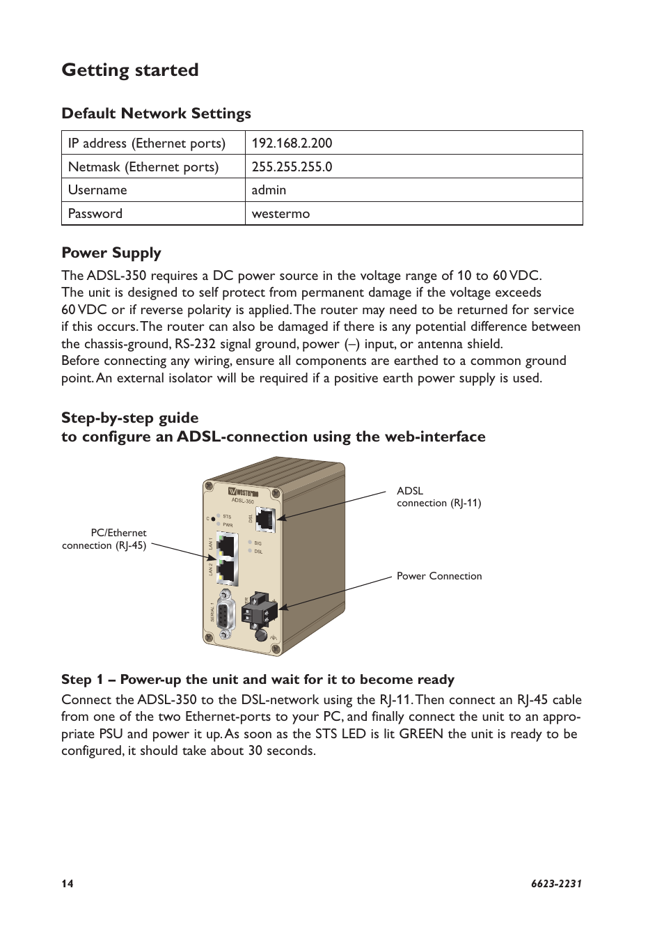 Getting started | Westermo ADSL-350 User Manual | Page 14 / 28