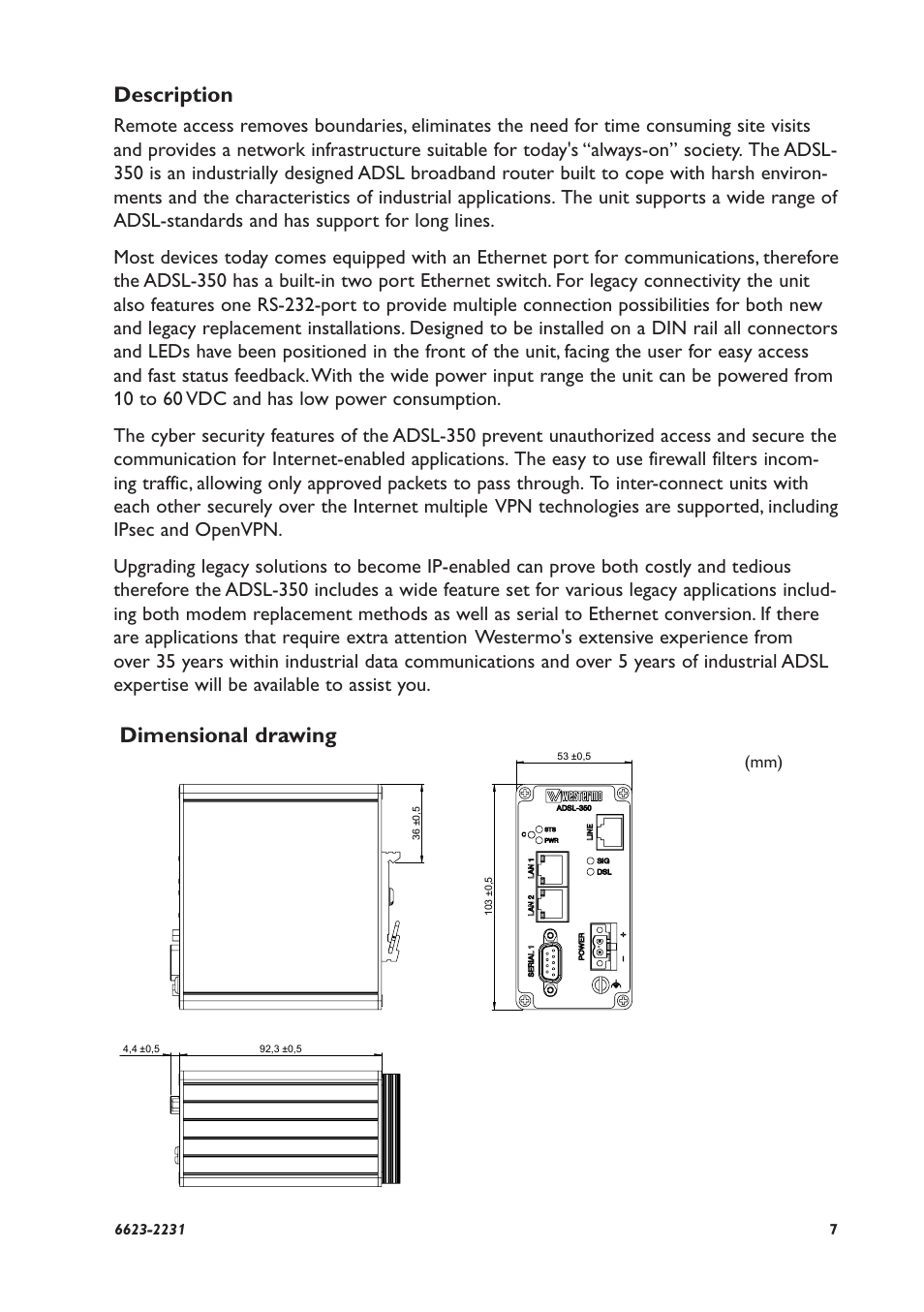 Description, Dimensional drawing | Westermo ADSL-350 User Manual | Page 7 / 28
