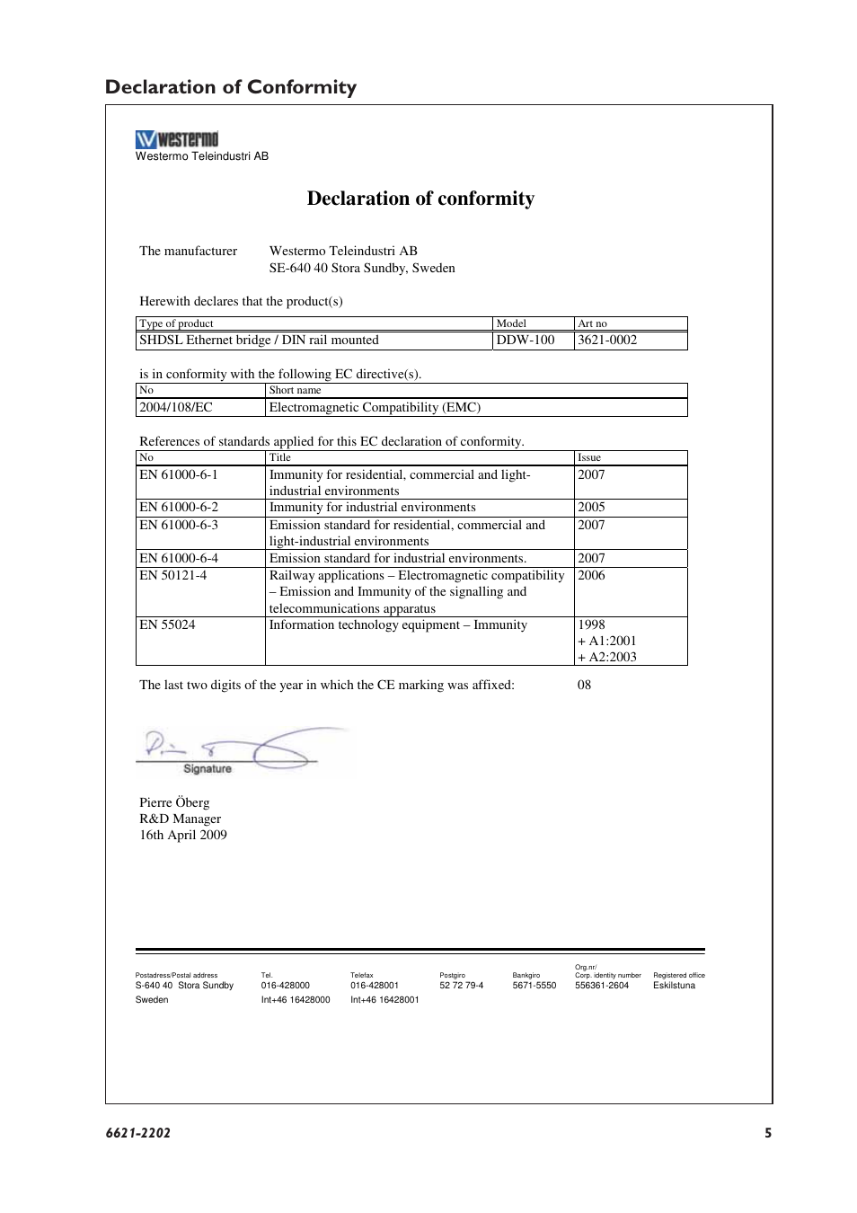 Declaration of conformity | Westermo DDW-100 User Manual | Page 5 / 20