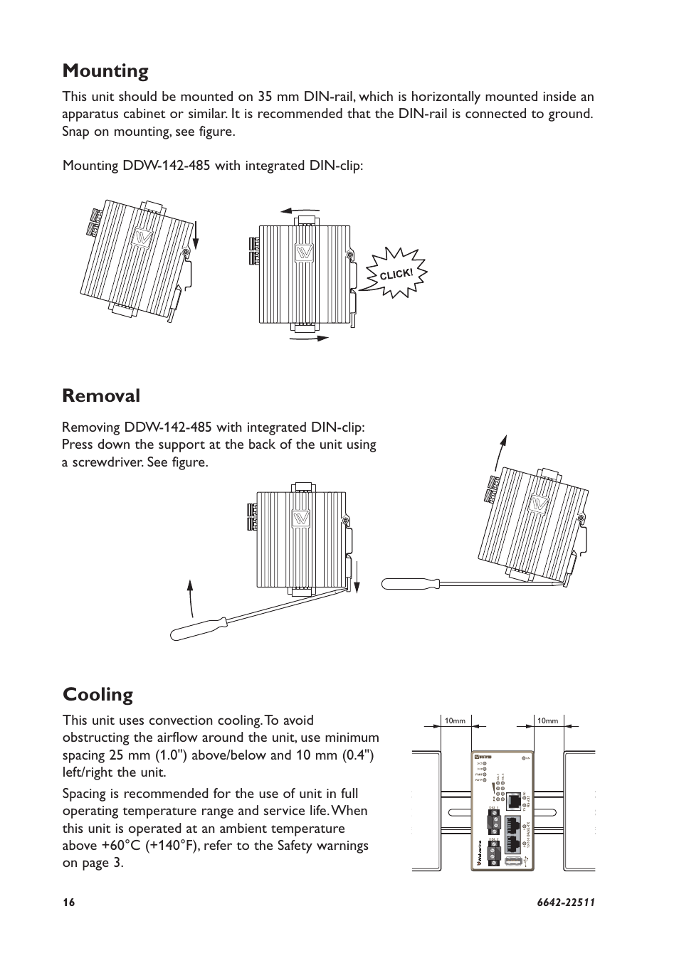 Mounting, Removal cooling | Westermo DDW-142-485 User Manual | Page 16 / 20