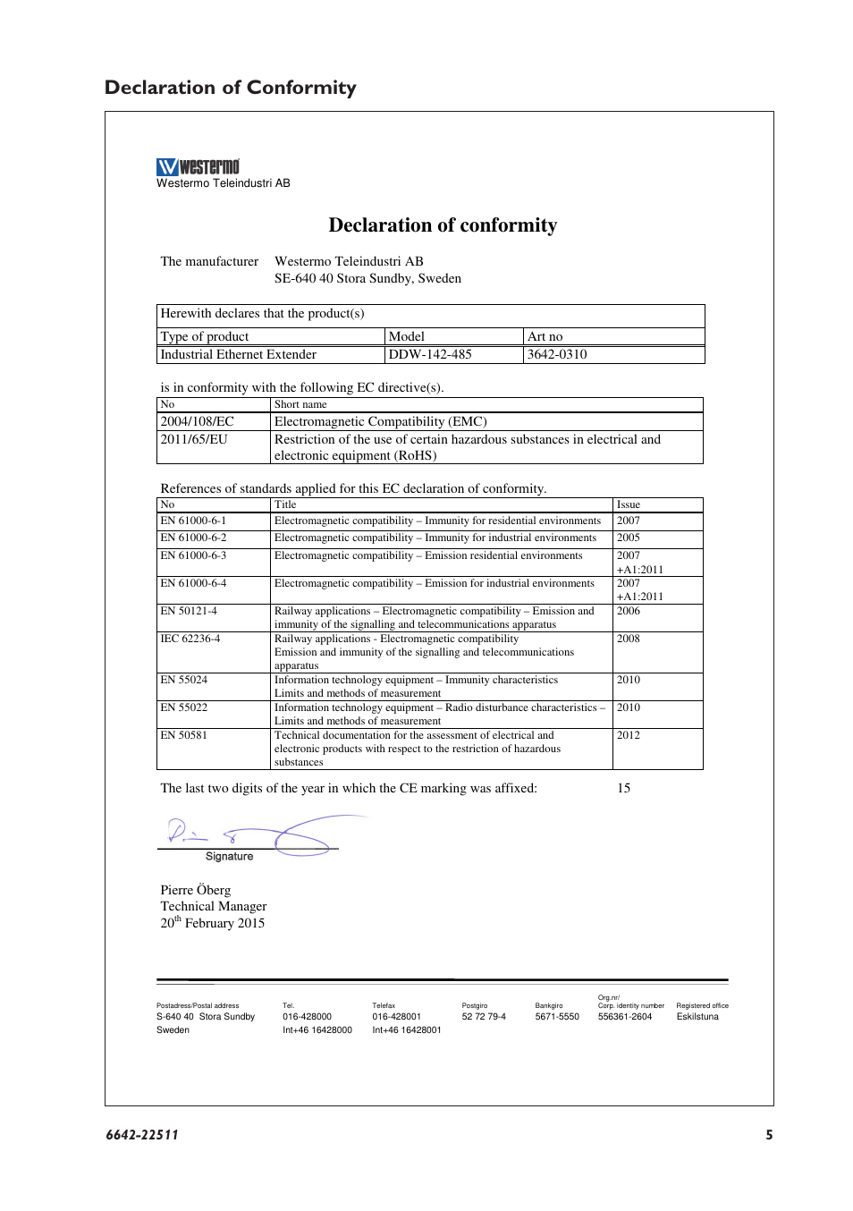 Declaration of conformity | Westermo DDW-142-485 User Manual | Page 5 / 20