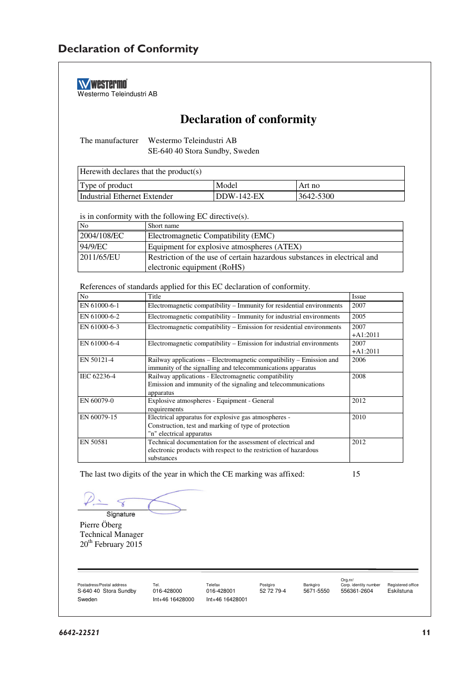 Declaration of conformity | Westermo DDW-142-EX User Manual | Page 11 / 28