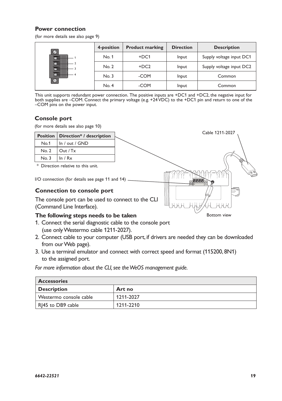 Power connection, Console port | Westermo DDW-142-EX User Manual | Page 19 / 28