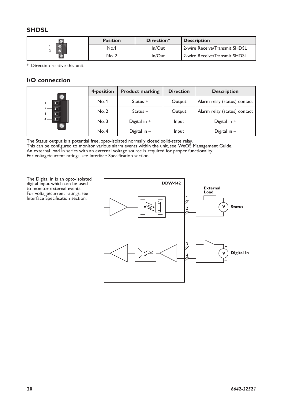 I/o connection, Shdsl | Westermo DDW-142-EX User Manual | Page 20 / 28