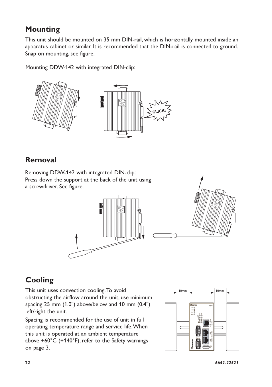 Mounting, Removal cooling | Westermo DDW-142-EX User Manual | Page 22 / 28