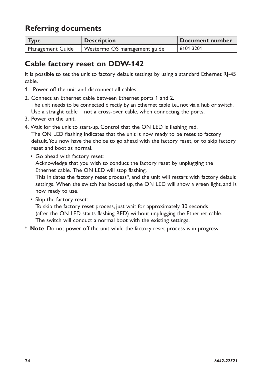 Cable factory reset on ddw-142, Referring documents | Westermo DDW-142-EX User Manual | Page 24 / 28