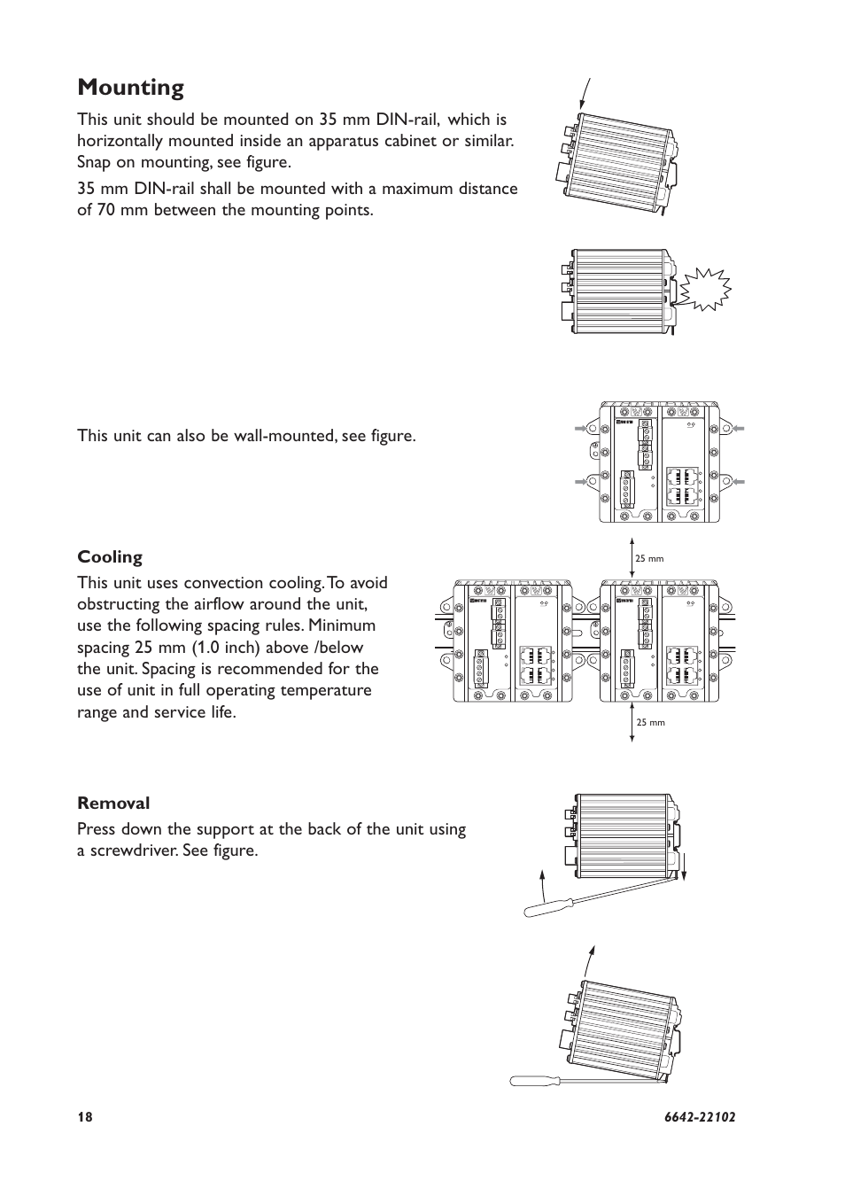 Mounting, This unit can also be wall-mounted, see figure, 25 mm | Westermo DDW-221 User Manual | Page 18 / 20