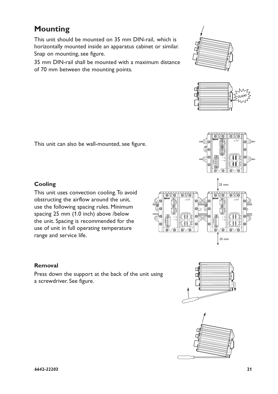 Mounting, This unit can also be wall-mounted, see figure, 25 mm | Click | Westermo DDW-222 User Manual | Page 21 / 24