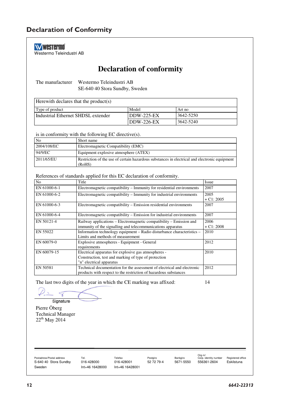 Declaration of conformity | Westermo DDW-225-EX User Manual | Page 12 / 24