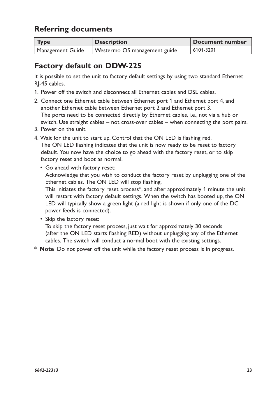 Factory default on ddw-225, Referring documents | Westermo DDW-225-EX User Manual | Page 23 / 24