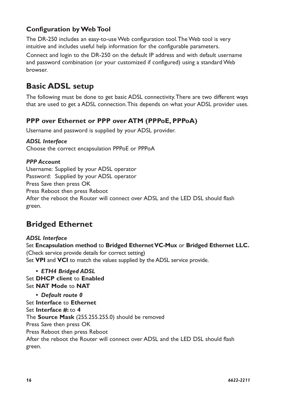 Basic adsl setup, Bridged ethernet | Westermo DR-250 User Manual | Page 16 / 20