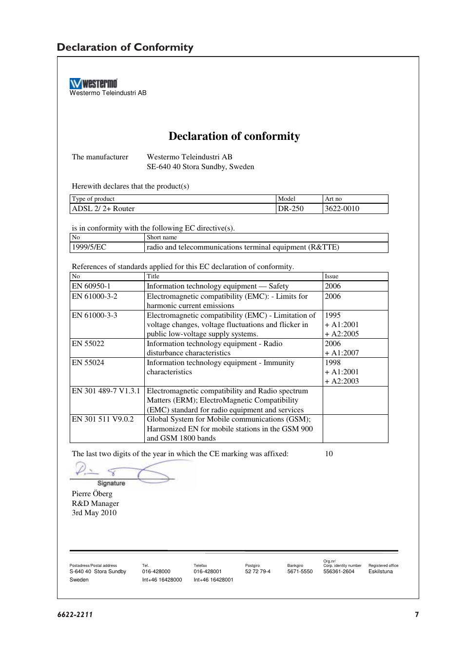 Declaration of conformity | Westermo DR-250 User Manual | Page 7 / 20