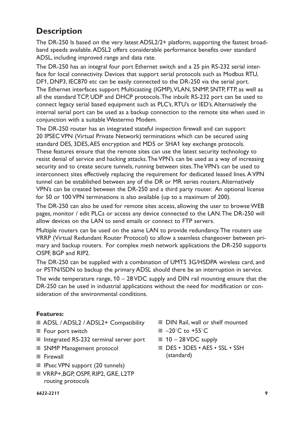 Description | Westermo DR-250 User Manual | Page 9 / 20