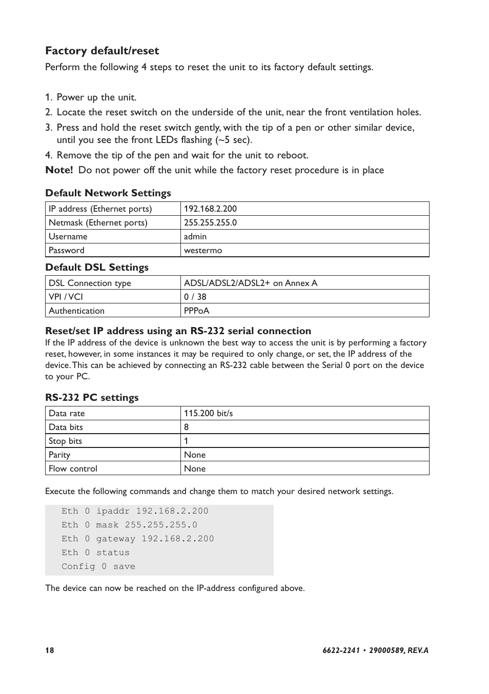 Factory default/reset | Westermo DR-270 User Manual | Page 18 / 28