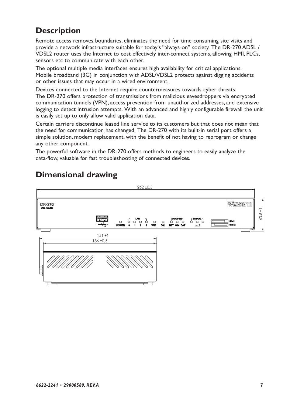 Description, Dimensional drawing | Westermo DR-270 User Manual | Page 7 / 28
