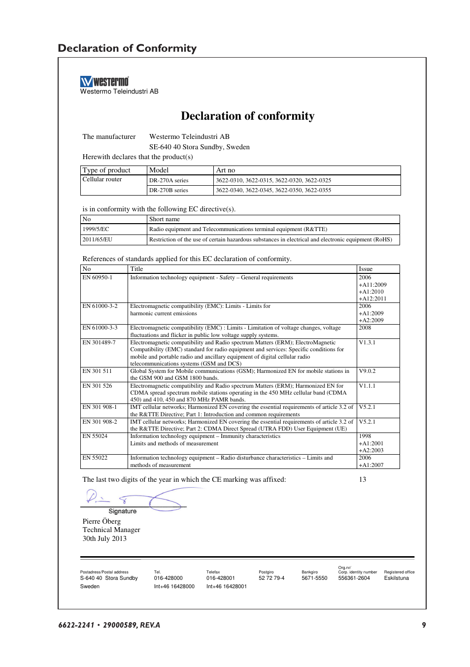 Declaration of conformity | Westermo DR-270 User Manual | Page 9 / 28