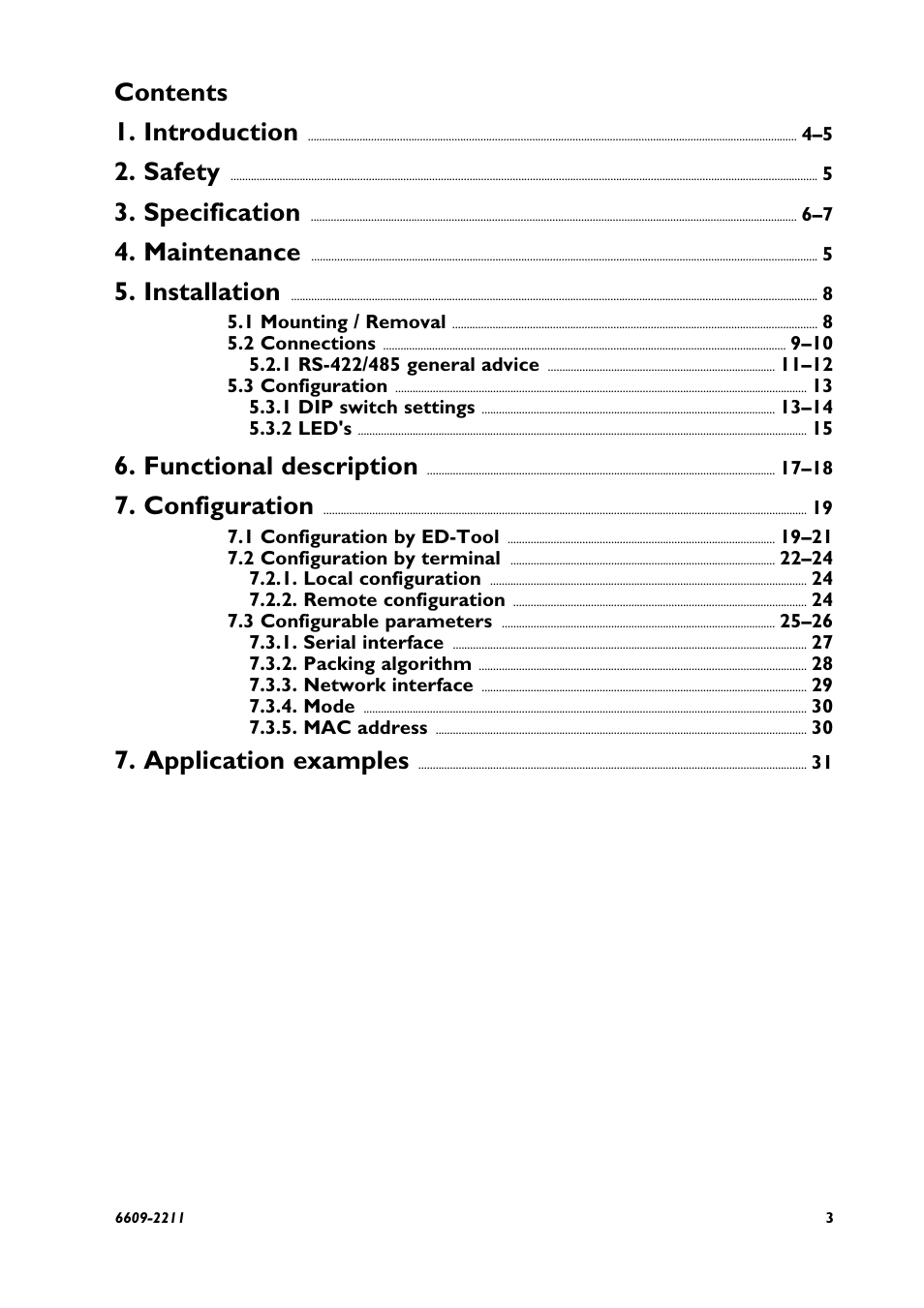 Contents 1. introduction, Safety, Specification | Maintenance, Installation, Functional description, Configuration, Application examples | Westermo ED-10 TCP User Manual | Page 3 / 32