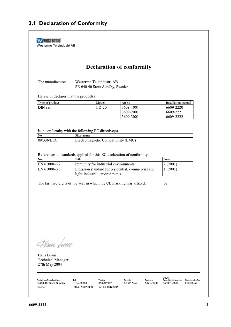 1 declaration of conformity | Westermo ED-20 User Manual | Page 5 / 36