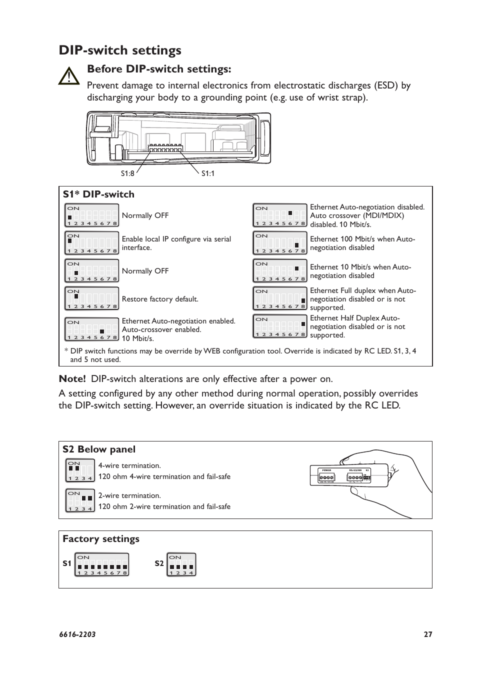 Dip-switch settings, Before dip-switch settings, S2 below panel | Factory settings | Westermo EDW-100 User Manual | Page 27 / 32