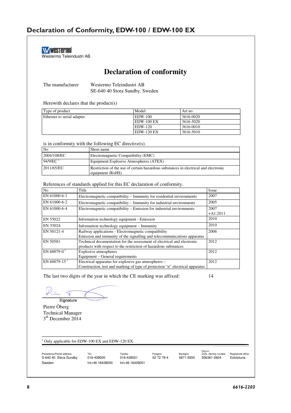 Declaration of conformity | Westermo EDW-100 User Manual | Page 8 / 32