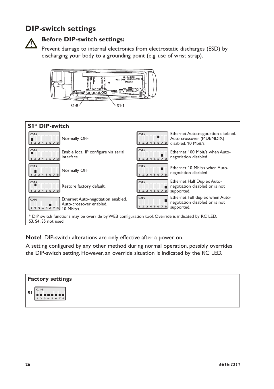 Dip-switch settings, Before dip-switch settings, S1* dip-switch | Westermo EDW-120 User Manual | Page 26 / 32